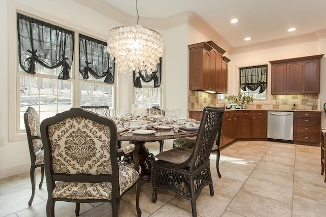 tiled dining room with crown molding and a notable chandelier