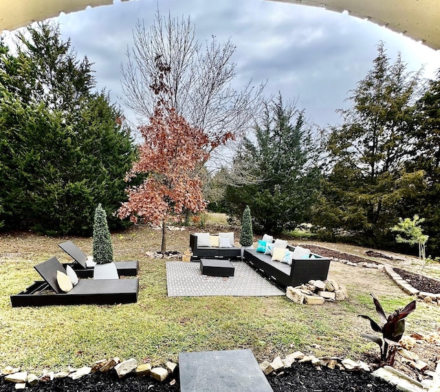 view of yard featuring an outdoor hangout area and a patio area