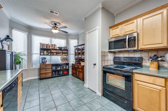 kitchen with light tile patterned floors, visible vents, light brown cabinetry, black appliances, and crown molding