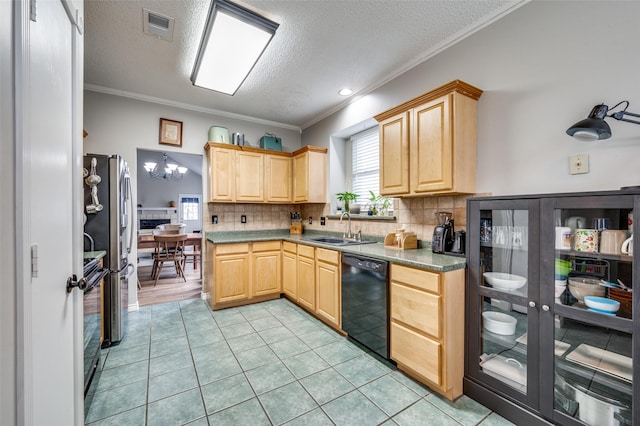 kitchen with dishwasher, light brown cabinetry, a textured ceiling, tasteful backsplash, and a sink