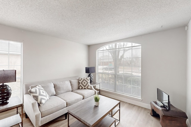 living room featuring a textured ceiling and light hardwood / wood-style floors