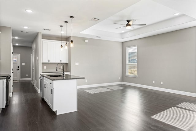 kitchen with sink, a kitchen island with sink, hanging light fixtures, a tray ceiling, and white cabinets