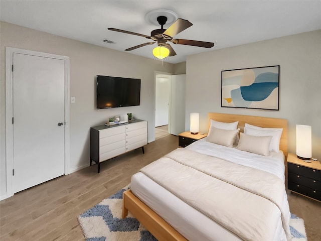 bedroom featuring ceiling fan and wood-type flooring