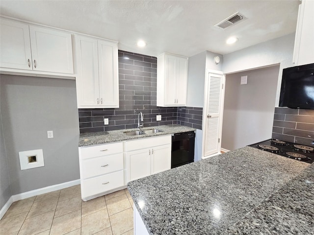 kitchen featuring sink, white cabinetry, backsplash, dark stone countertops, and black dishwasher