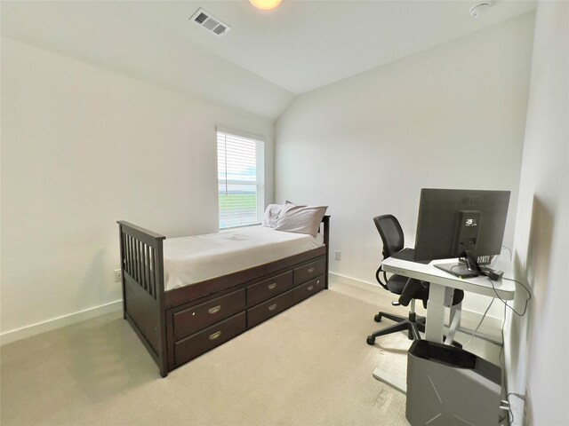 bedroom with light carpet, visible vents, baseboards, and vaulted ceiling