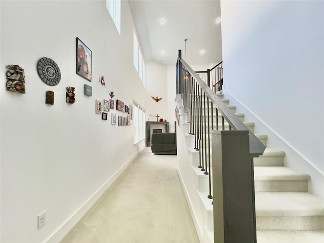 stairway with a towering ceiling and carpet floors