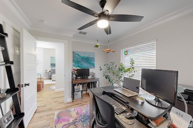 office area with crown molding, ceiling fan, and light hardwood / wood-style flooring