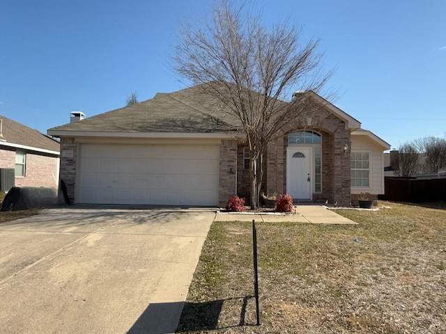 single story home featuring a garage, central AC unit, and a front lawn