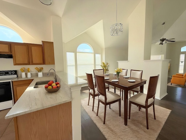 dining space with sink, ceiling fan with notable chandelier, high vaulted ceiling, and dark hardwood / wood-style floors