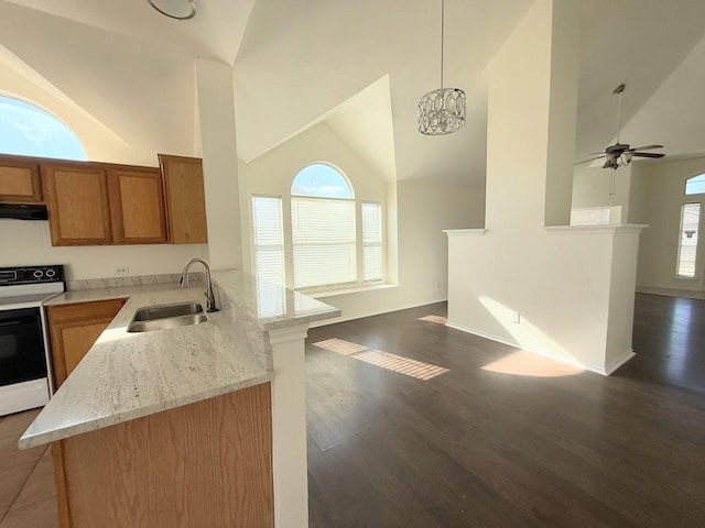 kitchen featuring range with electric cooktop, pendant lighting, sink, kitchen peninsula, and light stone countertops