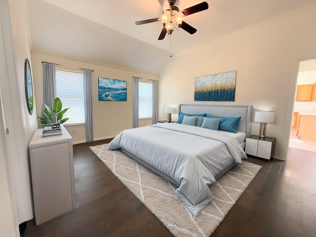 bedroom featuring ceiling fan, lofted ceiling, and dark hardwood / wood-style flooring