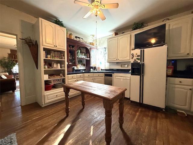 kitchen with white appliances, a ceiling fan, dark countertops, dark wood-style flooring, and open shelves