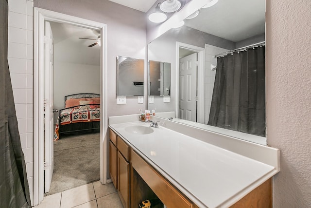 bathroom with vanity, tile patterned floors, and ceiling fan