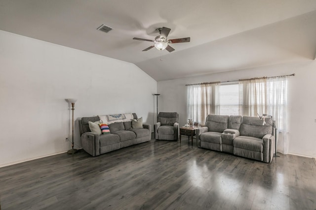 living room featuring ceiling fan, lofted ceiling, and dark hardwood / wood-style flooring