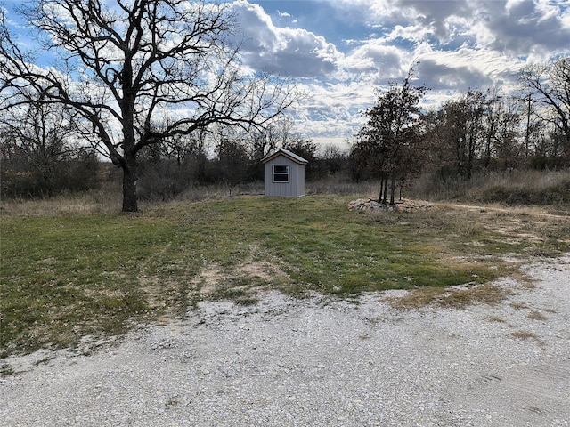 view of yard featuring a storage unit