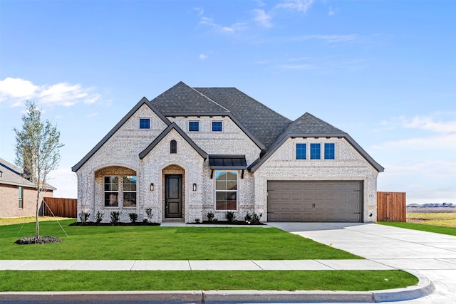 french country style house with a garage and a front lawn