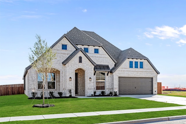 view of front of property with a garage and a front lawn