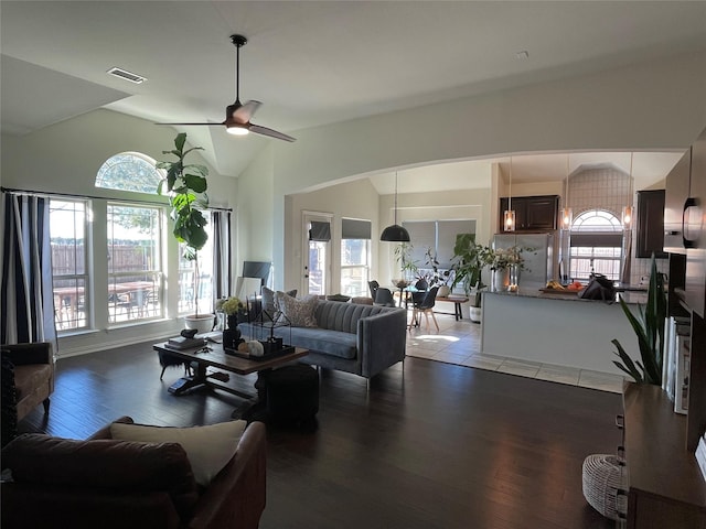 living room with lofted ceiling, plenty of natural light, and dark hardwood / wood-style floors