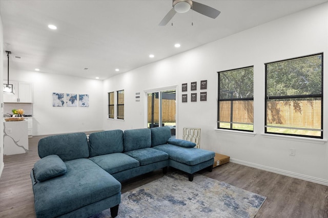 living room featuring wood-type flooring and ceiling fan