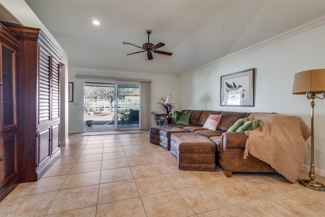 living room with light tile patterned floors, crown molding, vaulted ceiling, and ceiling fan