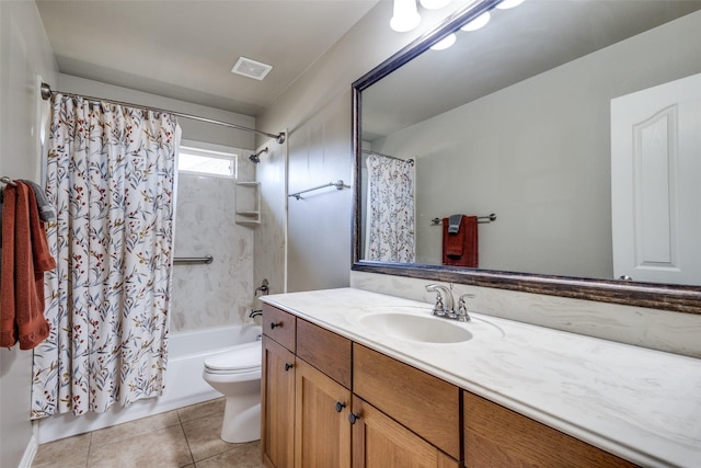 full bathroom with vanity, shower / tub combo, tile patterned floors, and toilet