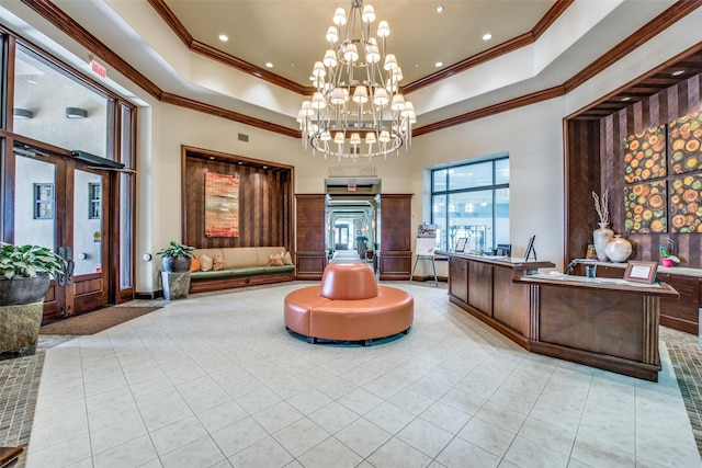 9704 Freeport Dr, Denton, TX 76207 - common area featuring ornamental molding, recessed lighting, and a high ceiling
