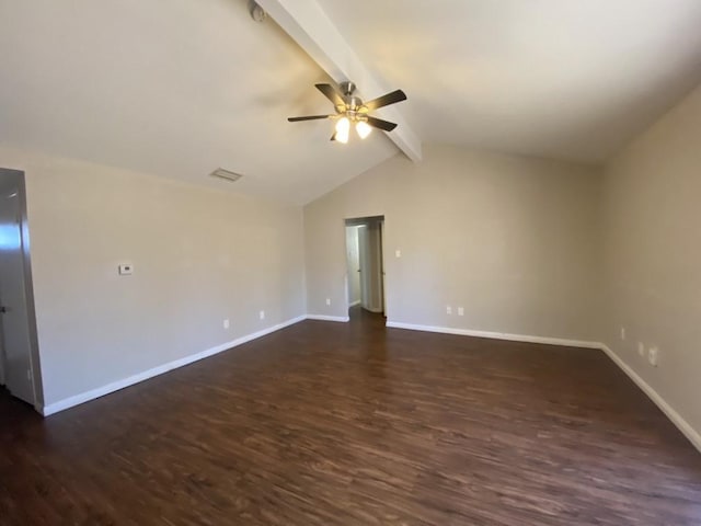 spare room with ceiling fan, dark hardwood / wood-style floors, and lofted ceiling with beams