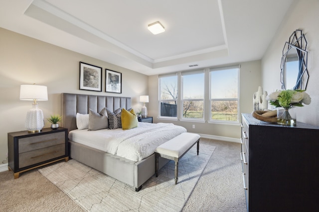 carpeted bedroom featuring a raised ceiling