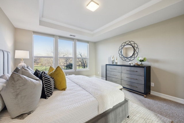 bedroom featuring light colored carpet and a raised ceiling