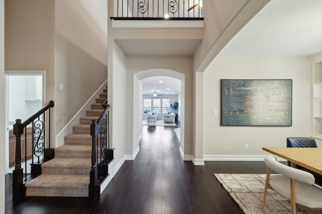 foyer with dark wood-type flooring and a high ceiling