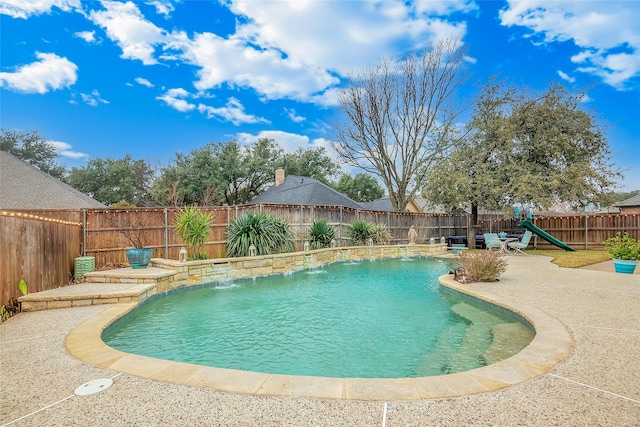 view of pool with a fenced backyard, a fenced in pool, and a patio