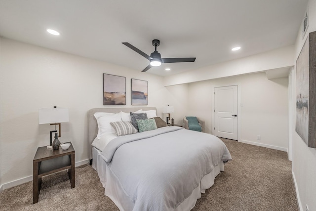 bedroom featuring ceiling fan and carpet flooring