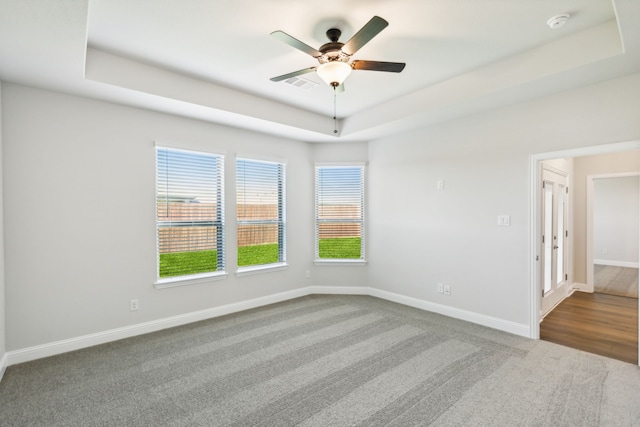 unfurnished room with a raised ceiling, ceiling fan, and carpet