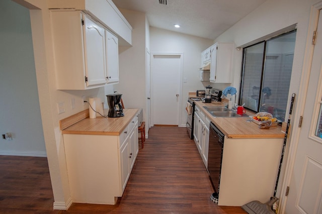 kitchen featuring dishwasher, lofted ceiling, sink, white cabinets, and stainless steel electric range