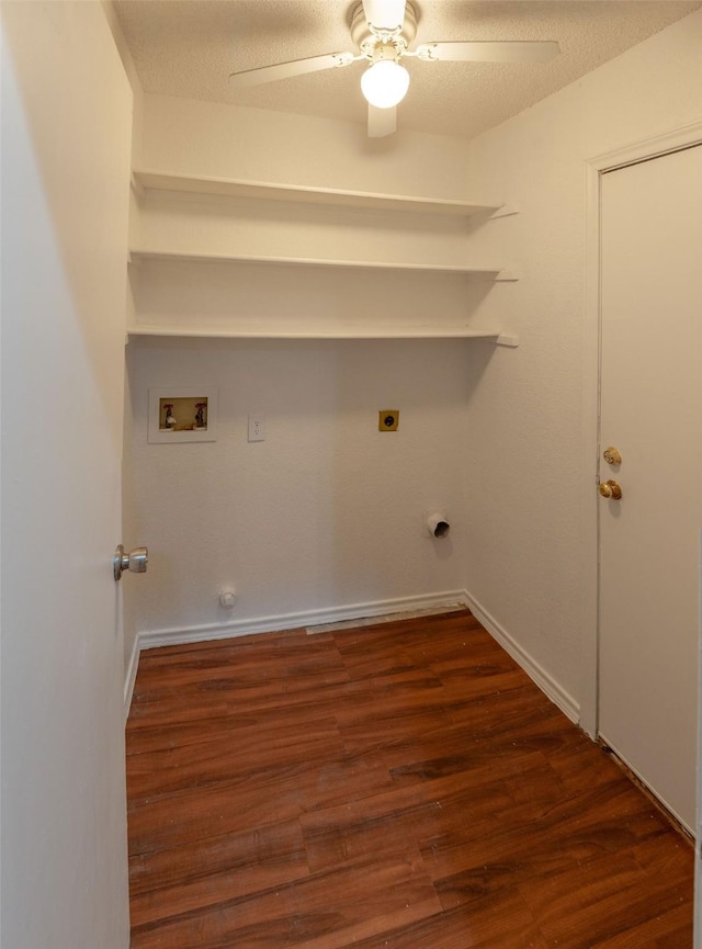 clothes washing area with washer hookup, dark hardwood / wood-style flooring, hookup for an electric dryer, and ceiling fan