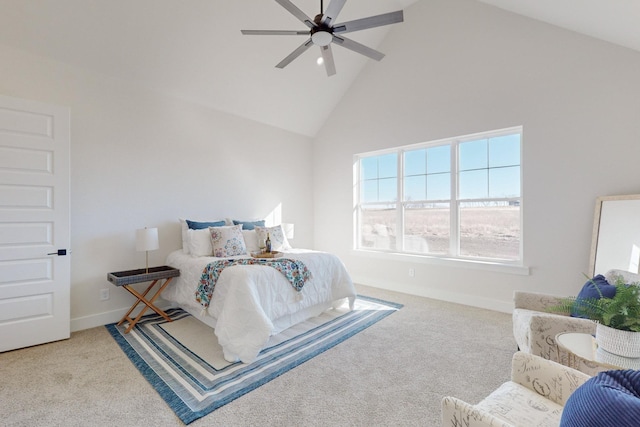 bedroom featuring high vaulted ceiling, ceiling fan, and carpet flooring