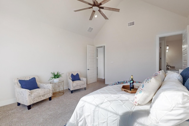 bedroom featuring high vaulted ceiling, ceiling fan, and carpet flooring