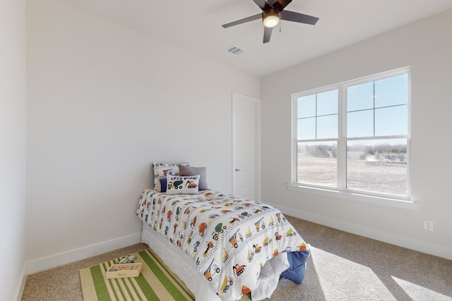 bedroom featuring carpet flooring and ceiling fan