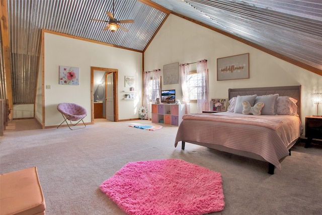 bedroom with carpet floors, high vaulted ceiling, and ceiling fan