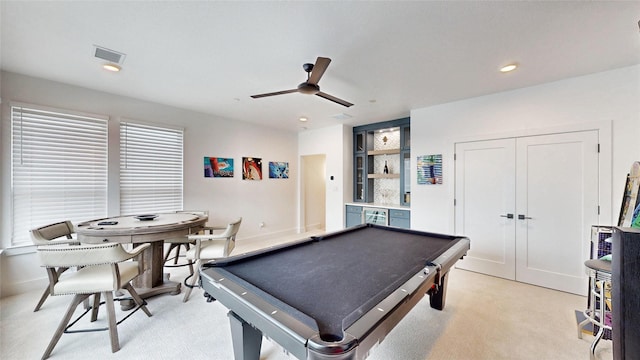 game room with ceiling fan, pool table, and light carpet