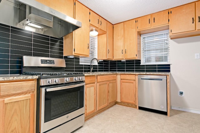 kitchen with sink, ventilation hood, a textured ceiling, appliances with stainless steel finishes, and a healthy amount of sunlight