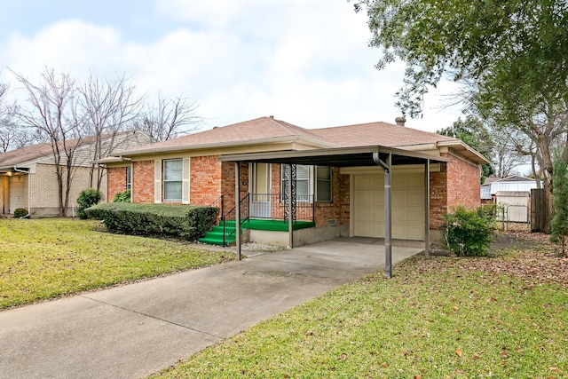 view of front of house with a garage, a porch, and a front lawn