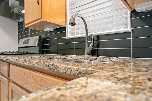 details with tasteful backsplash, gas range, and sink