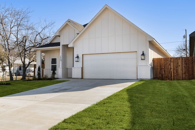 modern farmhouse style home with a garage and a front yard