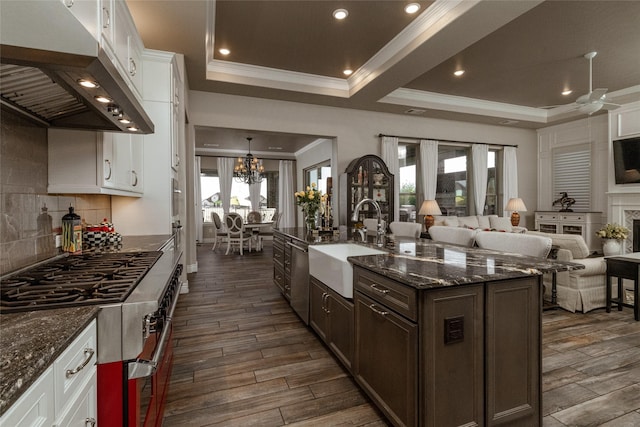 kitchen with white cabinetry, sink, island range hood, and a raised ceiling