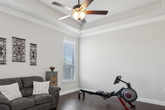 exercise room featuring a raised ceiling, crown molding, and dark hardwood / wood-style flooring