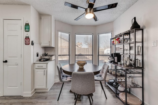 dining space featuring ceiling fan, light hardwood / wood-style floors, and a textured ceiling