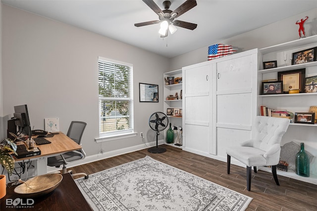 office space featuring dark hardwood / wood-style flooring and ceiling fan