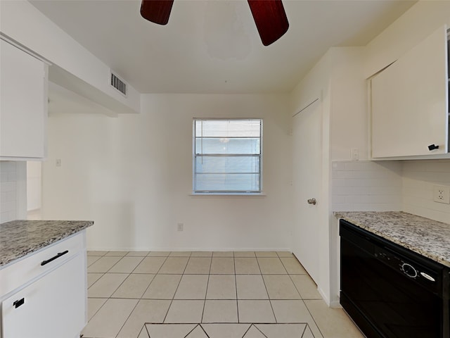 kitchen featuring tasteful backsplash, white cabinetry, ceiling fan, and light stone counters