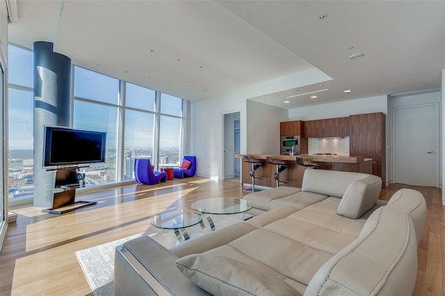 living room featuring expansive windows and light wood-type flooring